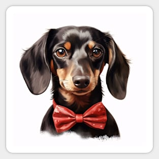 Cute Adorable Dachshund Puppy Dog Wearing a Red Bow Tie Sticker